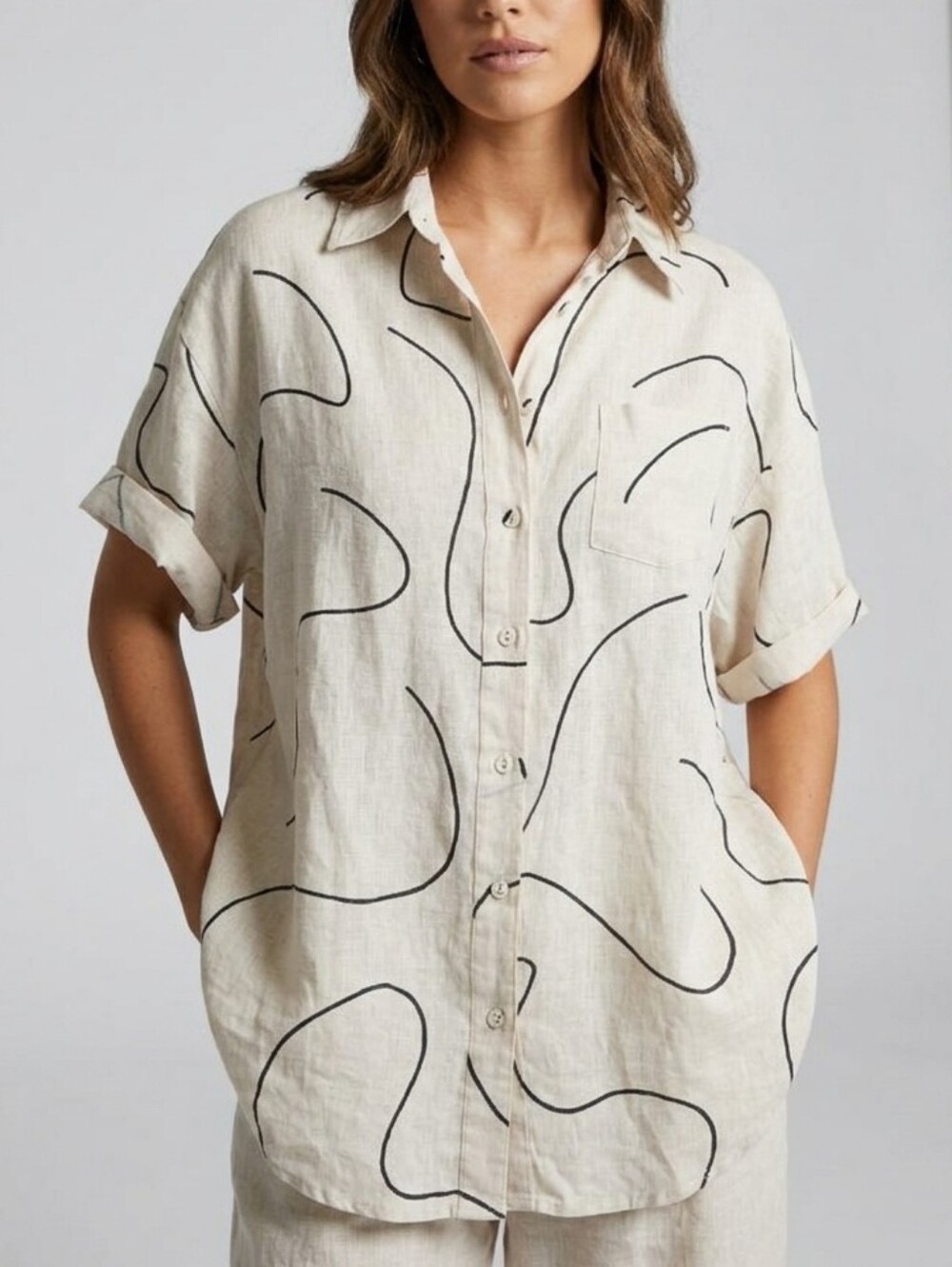 DISSH Beige Button-Down Shirt with Black Abstract Lines